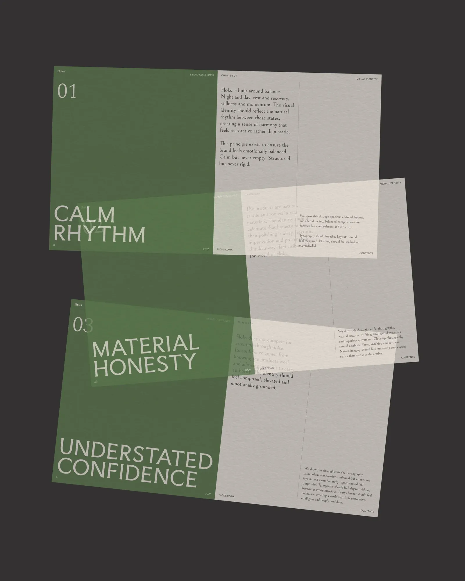 Floks — brand principles: calm rhythm, material honesty, understated confidence