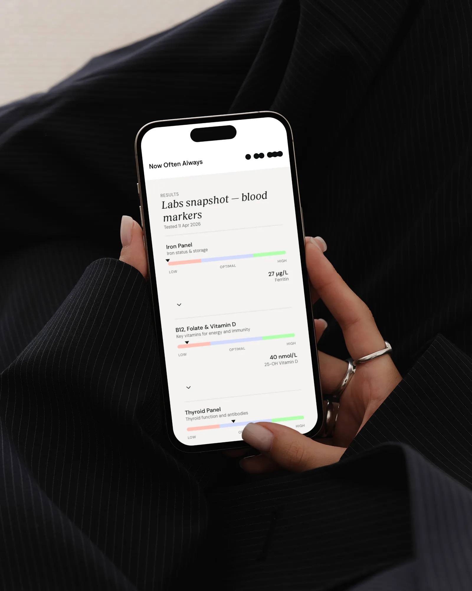 NOA — blood markers on a phone, each shown against its optimal range